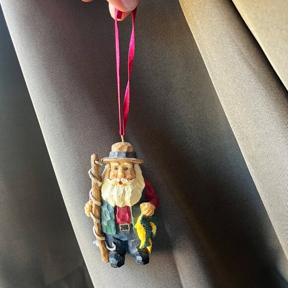 Hand-Carved Santa Fisherman Christmas Ornament With Fishing Pole & Fish - Picture 5 of 7